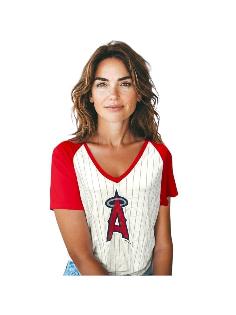 Majestic Los Angeles Angels Women’s V-Neck Baseball Tee Pinstripe Red White 2XL